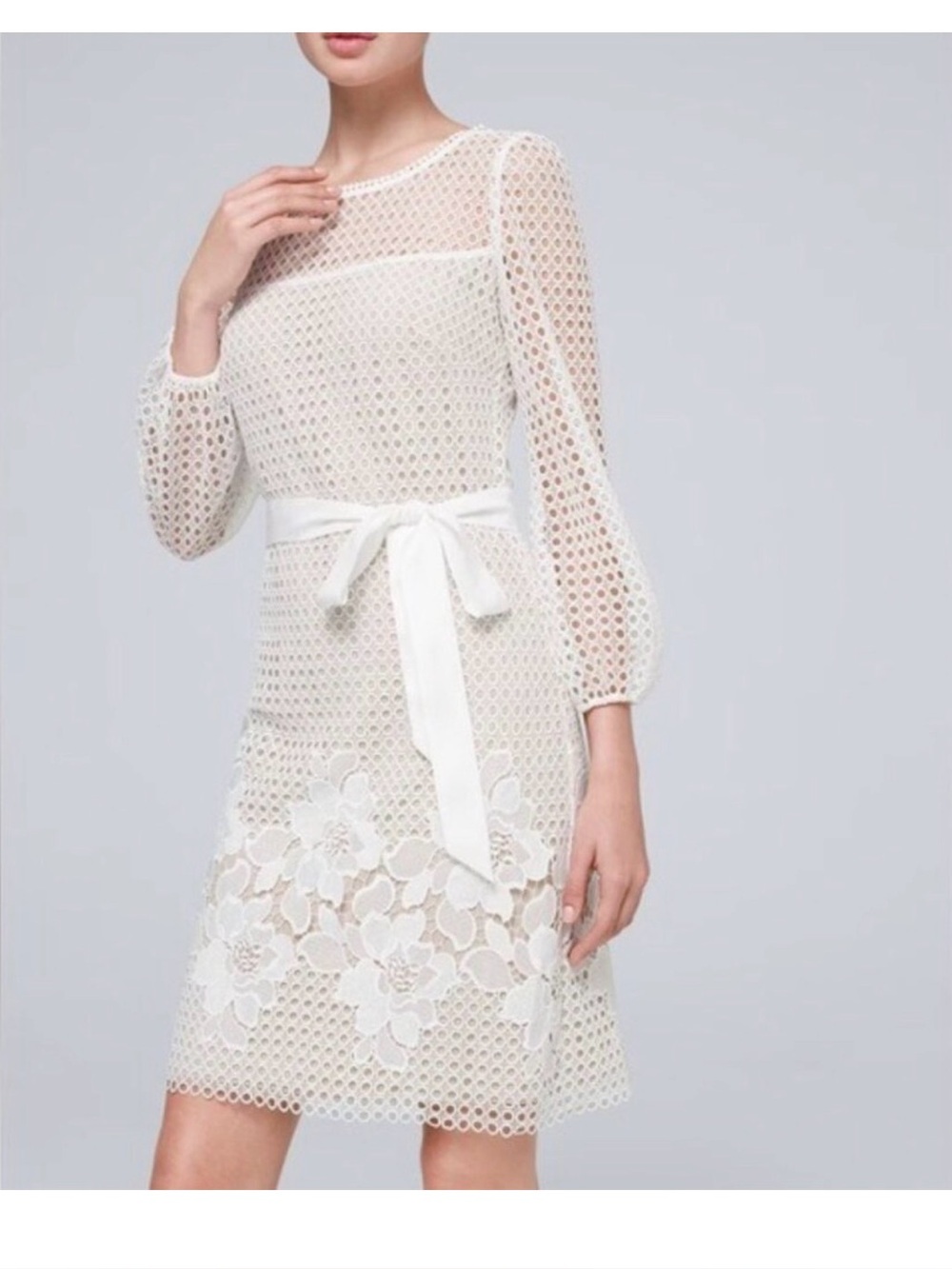 White House Black Market White Eyelet Lace Long-Sleeve Dress